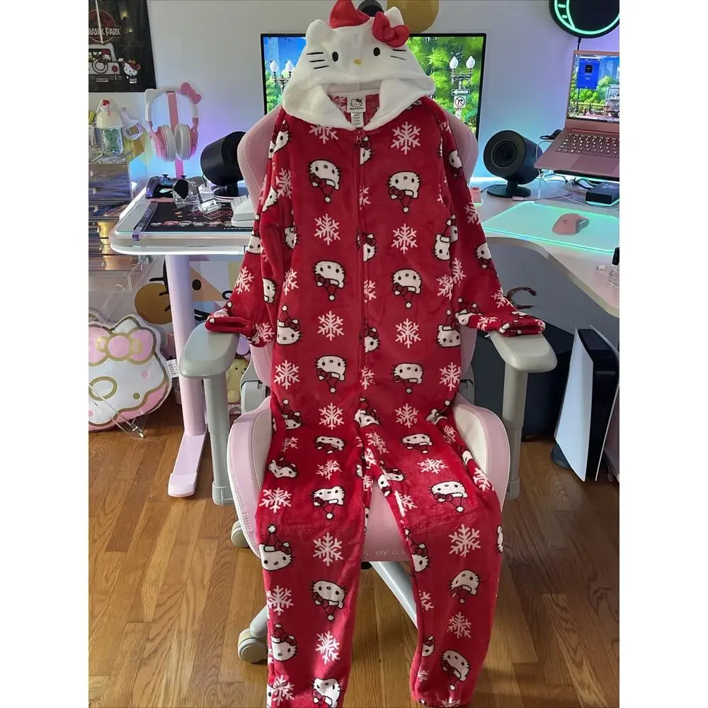Hello Kitty Christmas Pajamas Hooded One Piece Red Jumpsuit Small S 2023 Sanrio